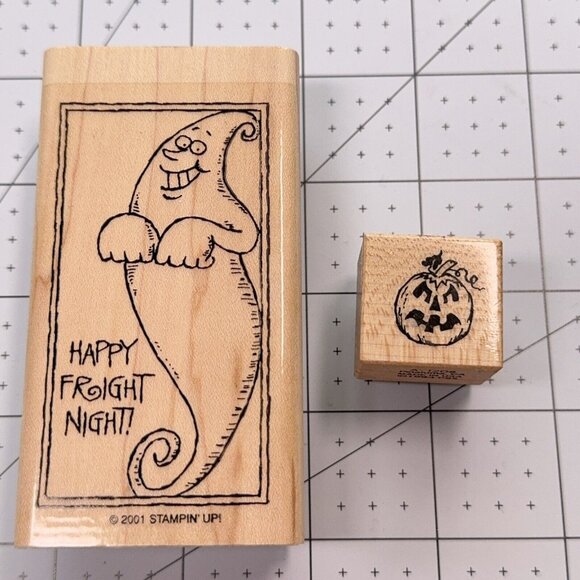 Halloween Ghost Pumpkin Rubber Stamp Lot of 2 Happy Fright Night Vintage Craft - Picture 1 of 3